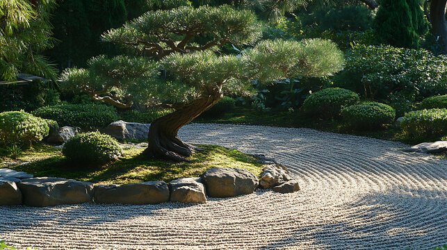  Peaceful meditation in the heart of a zen garden with pruned bonsais and raked gravel 