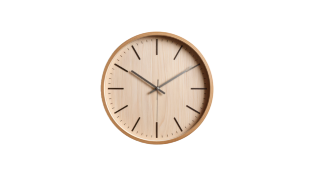 Minimalist Wooden Clock With Black Hands Isolated on Transparent Background