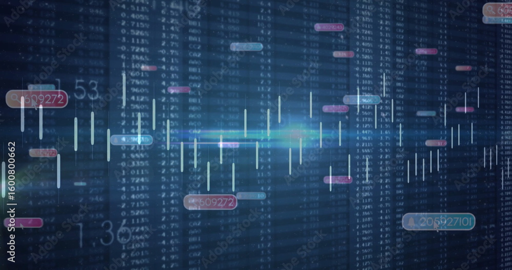 Poster showing candlestick bars scrolling over columns in trading terminal; numeric tags and light streaks