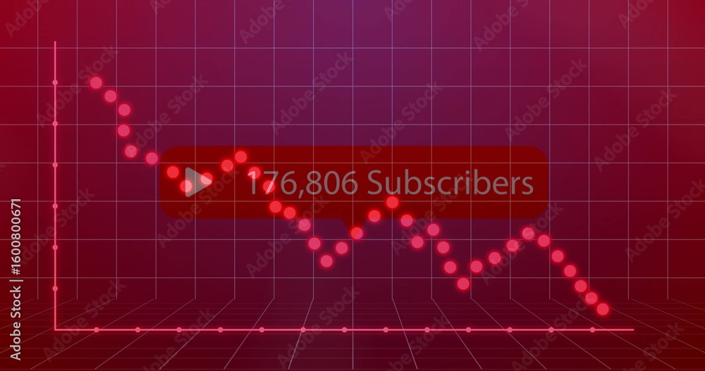 Poster displaying red-pink subscriber count in analytics space, points and grid lines, play button overlay