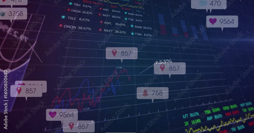 Poster displaying digital interface showing red and blue trends at trading desk, with floating ui icons