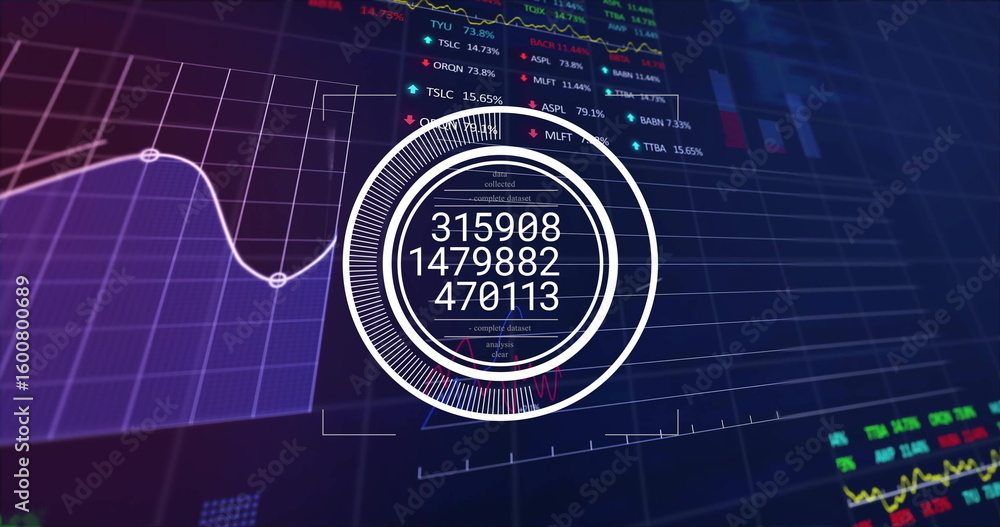 Poster displaying central circular infographic over dashboard showing grid panels with tickers and charts