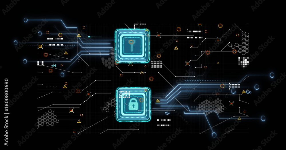 Poster glowing circuit lines connecting neon-blue key and padlock modules in network grid, with data nodes
