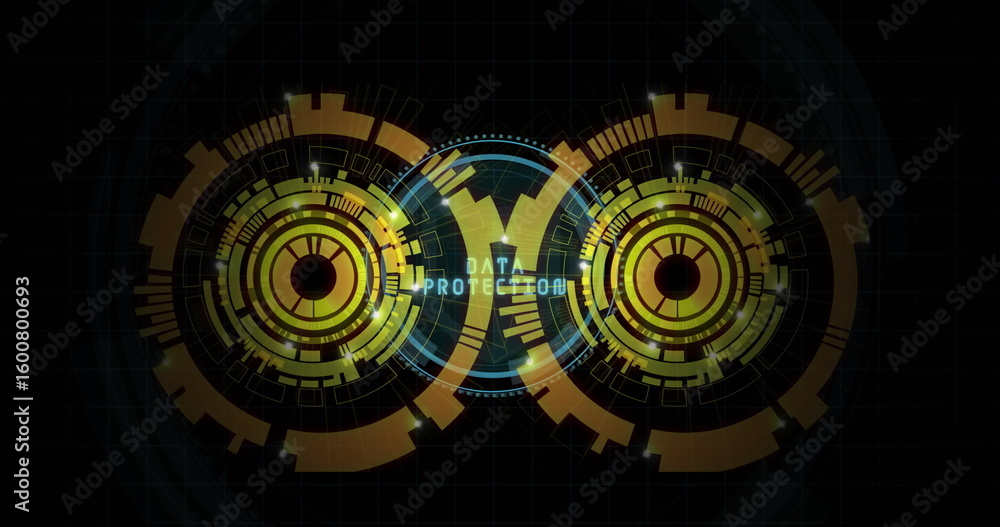 Fototapete displaying dual hud diagrams in digital interface, with central glowing data protection text