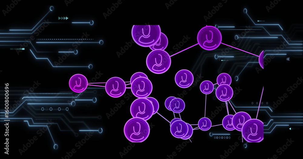 Poster linking glowing purple nodes by neon lines into data network on digital canvas, with blue circuits