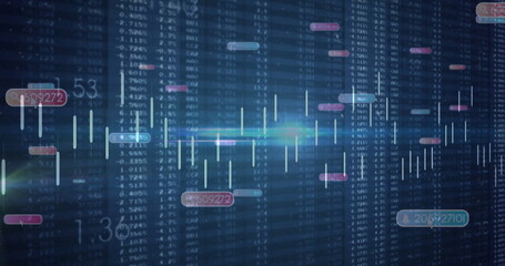 Showing candlestick bars scrolling over columns in trading terminal; numeric tags and light streaks