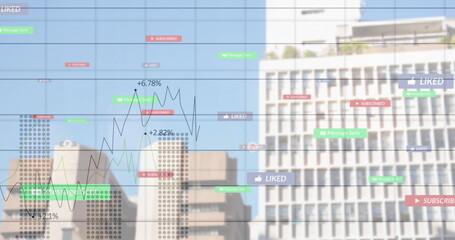 Displaying data overlay tracking social media metrics over city skyline, with pop-ups and charts