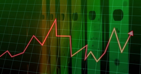 Showing neon red-orange line graph peaking to upward arrow on display, with green grid and columns