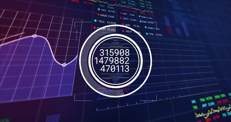 Displaying central circular infographic over dashboard showing grid panels with tickers and charts