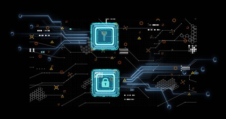 Glowing circuit lines connecting neon-blue key and padlock modules in network grid, with data nodes