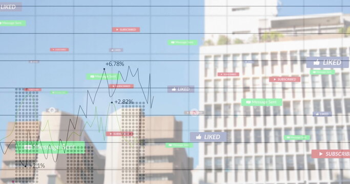 Displaying data overlay tracking social media metrics over city skyline, with pop-ups and charts