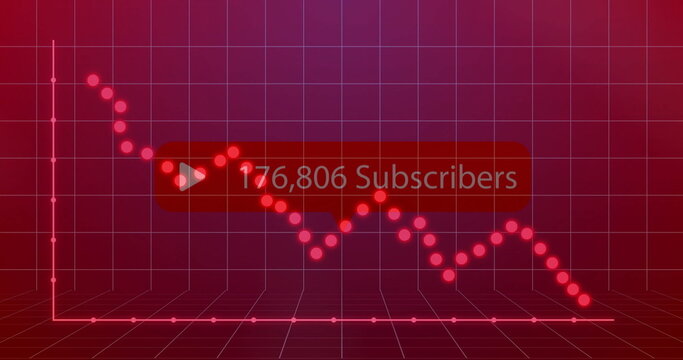 Displaying red-pink subscriber count in analytics space, points and grid lines, play button overlay