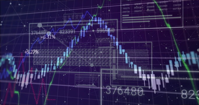 Showing candlestick bars tracing market movements on dark purple grid, with line graphs, labels