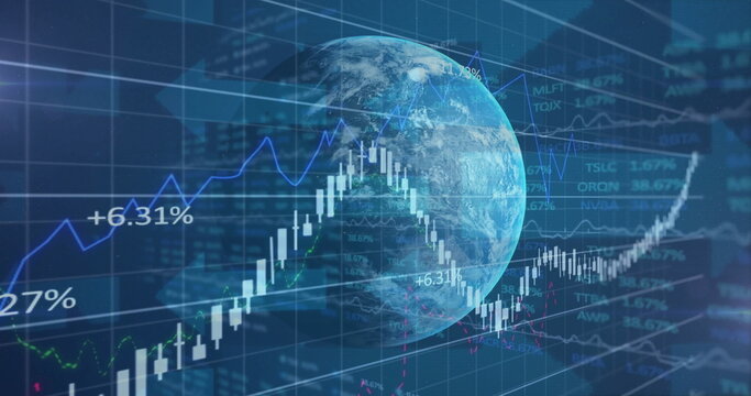 Naklejki Displaying Earth globe on financial dashboard with candlestick charts and percentage indicators