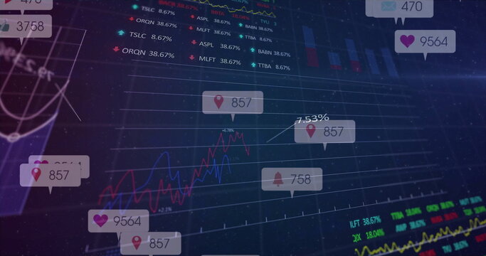 Displaying digital interface showing red and blue trends at trading desk, with floating UI icons