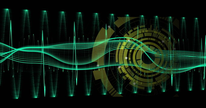 Animating neon green waveform with golden yellow interface in digital panel, sparks accenting data