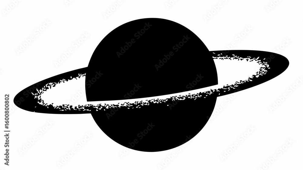 Poster illustration of a black planet with a textured ring system orbiting it against a white background vi
