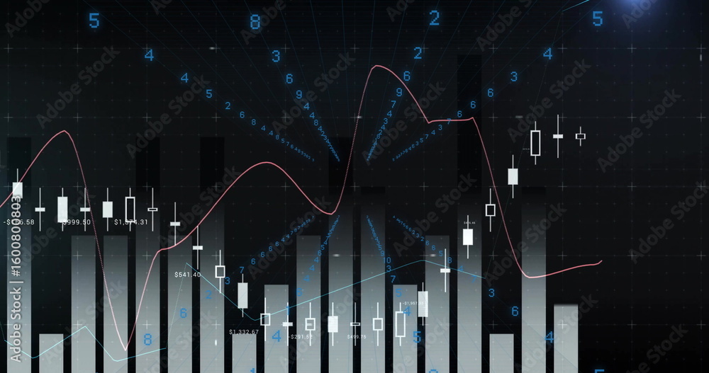 Poster displaying finance chart on trading screen, with bar graphs, candlesticks, trendline and digits