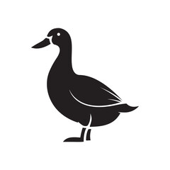 Simple silhouette of a black duck standing on white background isolated