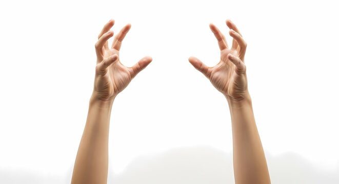 Two Human Hands Reaching Forward on White Background – Grasping or Receiving Gesture Concept

