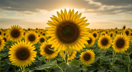 Obraz premium Sunflower Field at Sunset: Vibrant Yellow Blooms Under a Cloudy Sky high quality