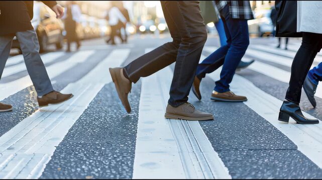 Low angle view of pedestrians crossing the street among modern city buildings in the morning