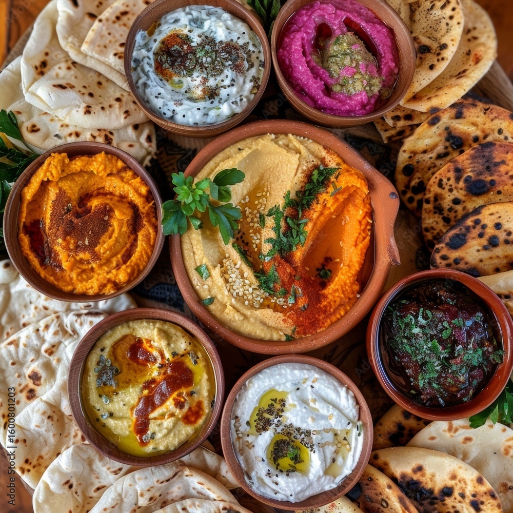 Poster a colorful array of plantbased dips and spreads including hummus baba ghanoush and carrot and ginger