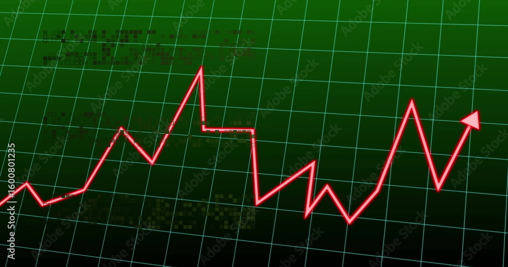 Poster red zigzag graph with glowing arrowhead moving across green grid on screen, showing data symbols