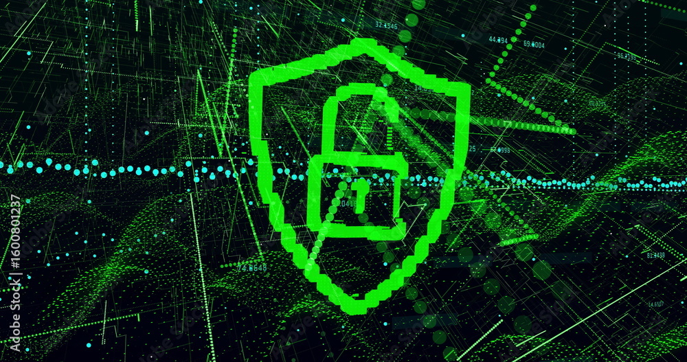 Poster displaying pixelated green shield with open padlock lighting grid, with glowing data points