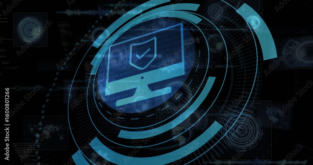 Aufkleber scanning central computer monitor icon emitting rings on cyber interface, with shield checkmark
