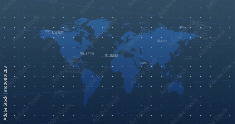 Poster displaying vector world map with grid overlay on analytics dashboard and floating-point data labels