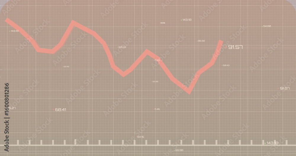 Poster displaying jagged coral-colored line graph tracking data trends on beige grid, with numeric labels