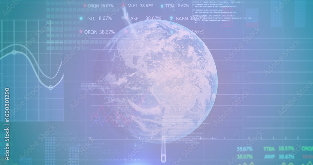 Aufkleber floating holographic earth sphere rotating on digital dashboard, showing line chart, bar graph data