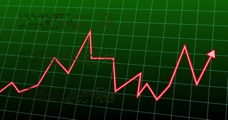 Gardinen Red zigzag graph with glowing arrowhead moving across green grid on screen, showing data symbols © vectorfusionart