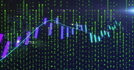 Displaying blue line and purple bars in dark digital dashboard, with binary code and numeric labels