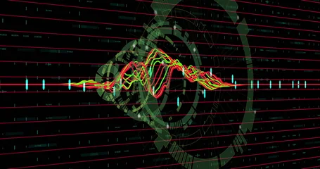 Gardinen Displaying multicolor waveform and candlesticks over red grid in digital dashboard with HUD circles © vectorfusionart