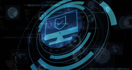 Scanning central computer monitor icon emitting rings on cyber interface, with shield checkmark