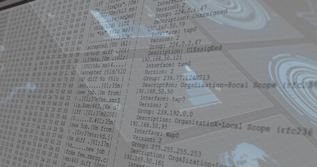 Displaying data interface streaming logs at console, with hex dumps, IPs and 3D wireframe