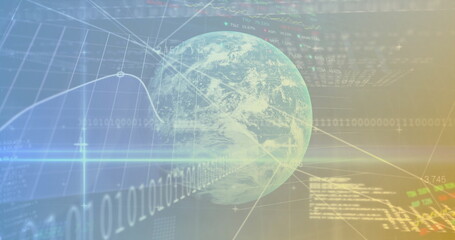 Rotating transparent Earth globe in virtual data interface, with binary code and grid