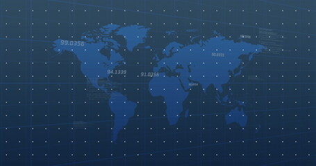 Displaying vector world map with grid overlay on analytics dashboard and floating-point data labels