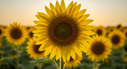 Fototapeta premium Sunflower Field at Sunset: Vibrant Yellow Flowers Against Golden Sky high quality