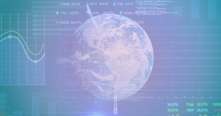 Floating holographic Earth sphere rotating on digital dashboard, showing line chart, bar graph data