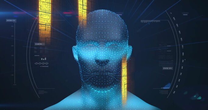 Displaying holographic human bust scanning data in digital console, with yellow panels and HUD arcs