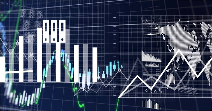 Displaying financial market analytics on dashboard, with candlestick charts, trend line, world map - Powered by Adobe