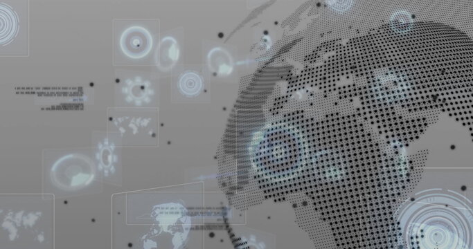 Dotted digital globe rotating in virtual analytics dashboard, with HUD panels, copy space