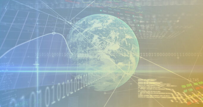 Rotating transparent Earth globe in virtual data interface, with binary code and grid - Powered by Adobe