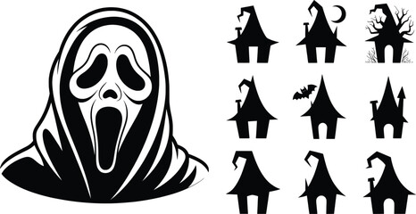 Terrifying ghost face and spooky haunted houses collection halloween scream