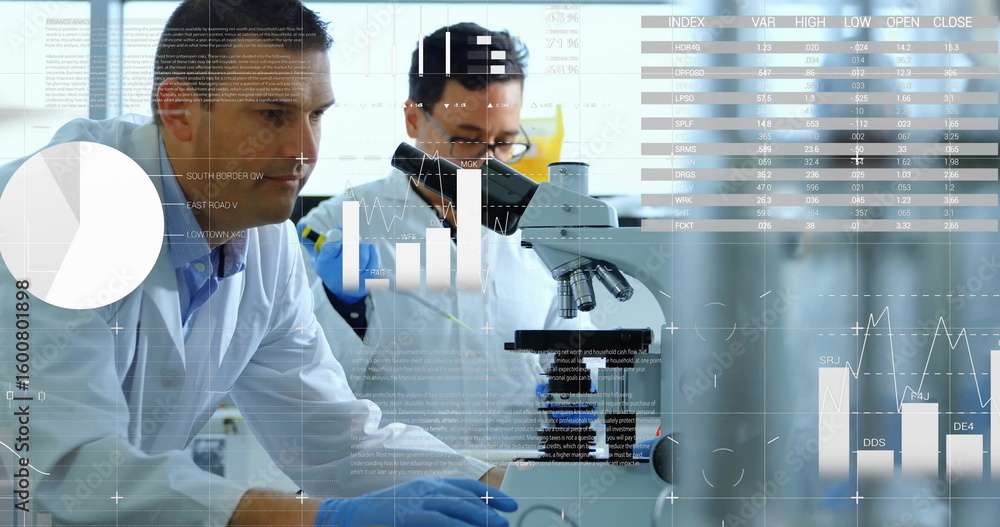 Poster two scientists in white lab coats and gloves adjusting microscope at lab bench, with data overlays
