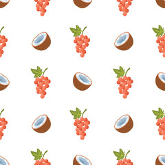 grapes, coconut. Cute vector seamless pattern of fruits in flat style on white background