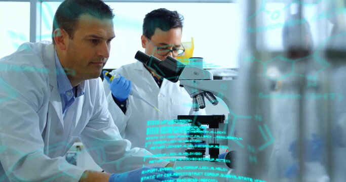 White-coated scientists examining samples at lab bench, with microscope, pipette and digital code